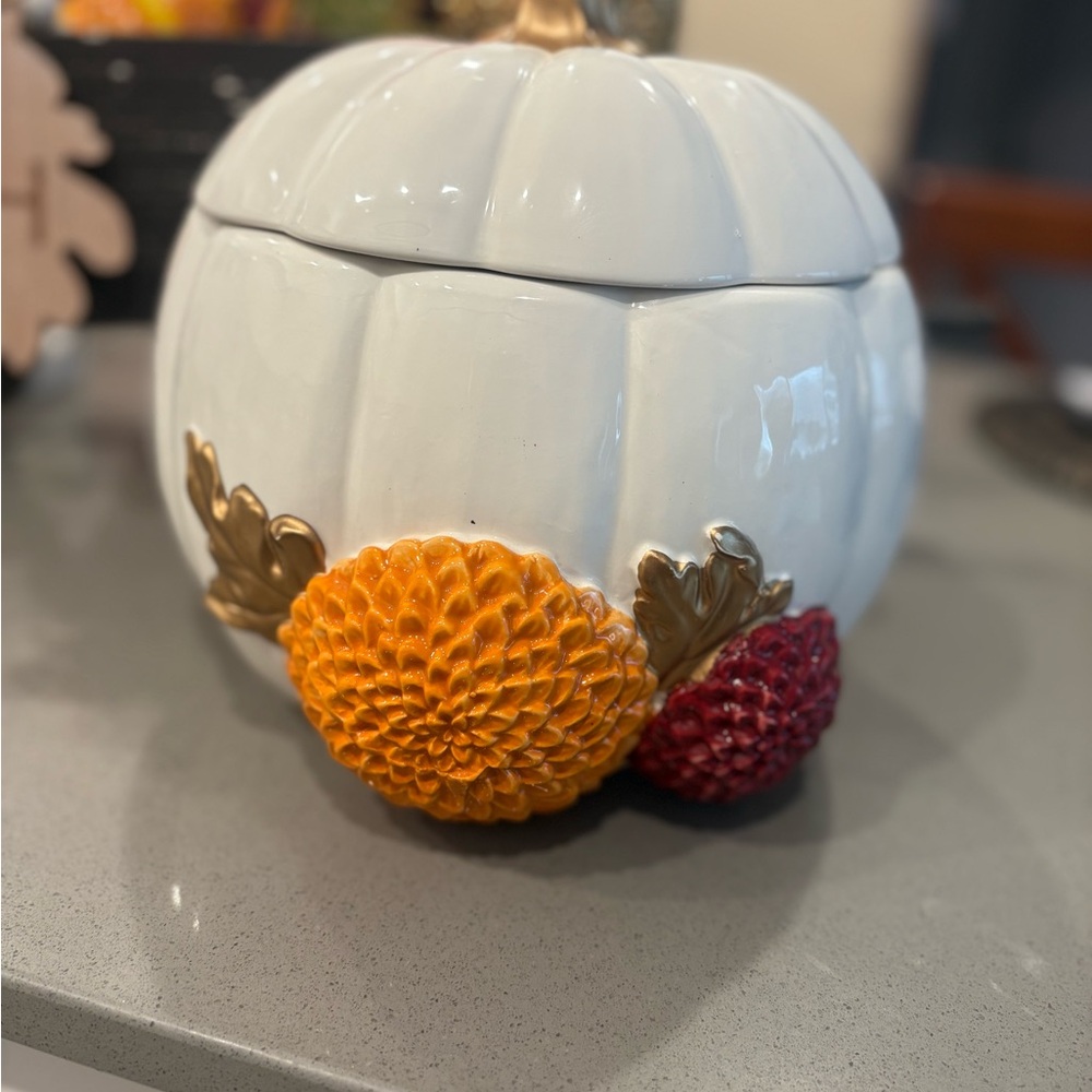 Chic White Ceramic Pumpkin with Floral Design